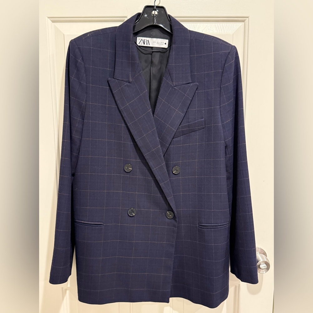 Zara Men's Double-Breasted Navy Plaid Blazer